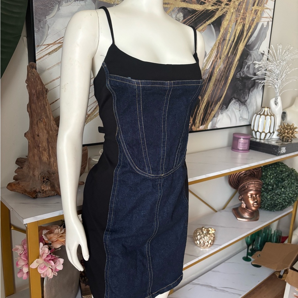 Forever 21 Black & Indigo Denim Panel Bodycon Mini Dress